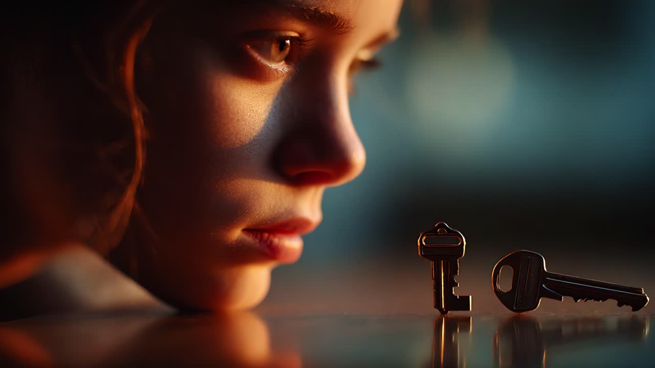 A Thoughtful Moment: A Young Person's Reflection on Keys Symbolizing Opportunity and Possibility, Captured in Two Powerful Frames of Contemplation and Curiosity