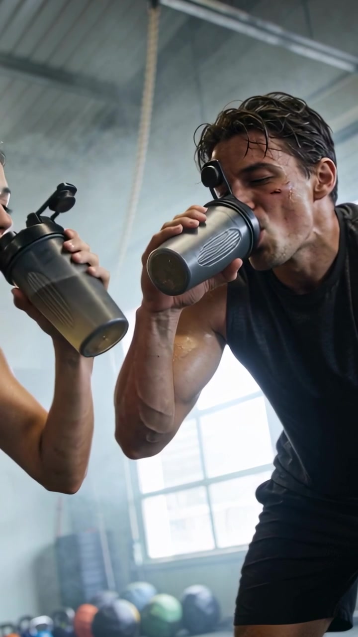 Video verticale: Dopo un allenamento intenso, uomo con maglietta nera che beve da uno shaker di metallo in palestra con i pesi