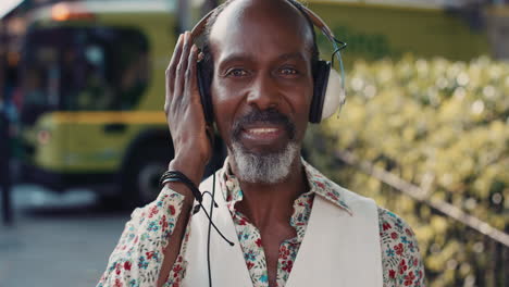 slow motion portrait of mature african american man in city listening to music