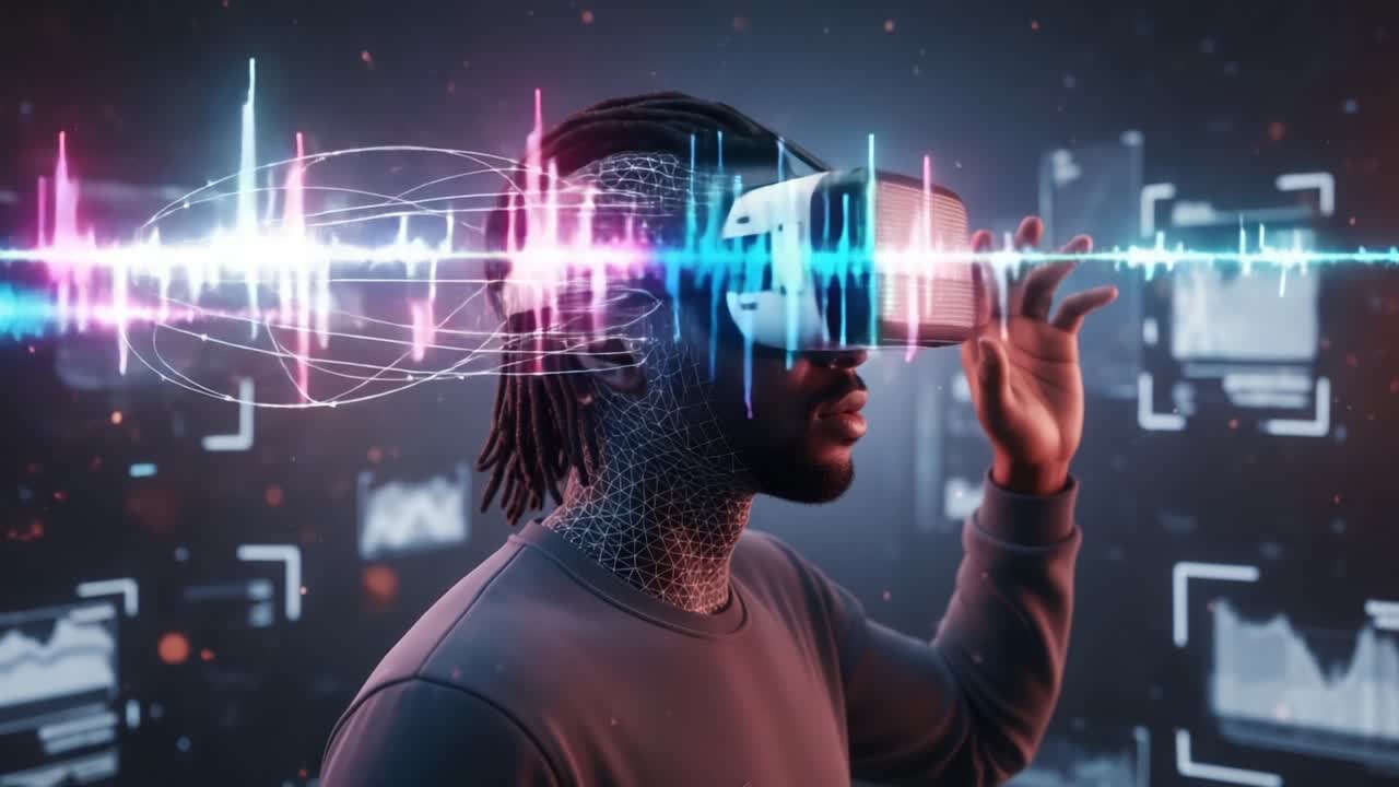 Immersive Virtual Reality Experience: A User Engages with Futuristic Technology, Enhancing Interaction Through Audio-Visual Elements in a Dynamic Digital Environment