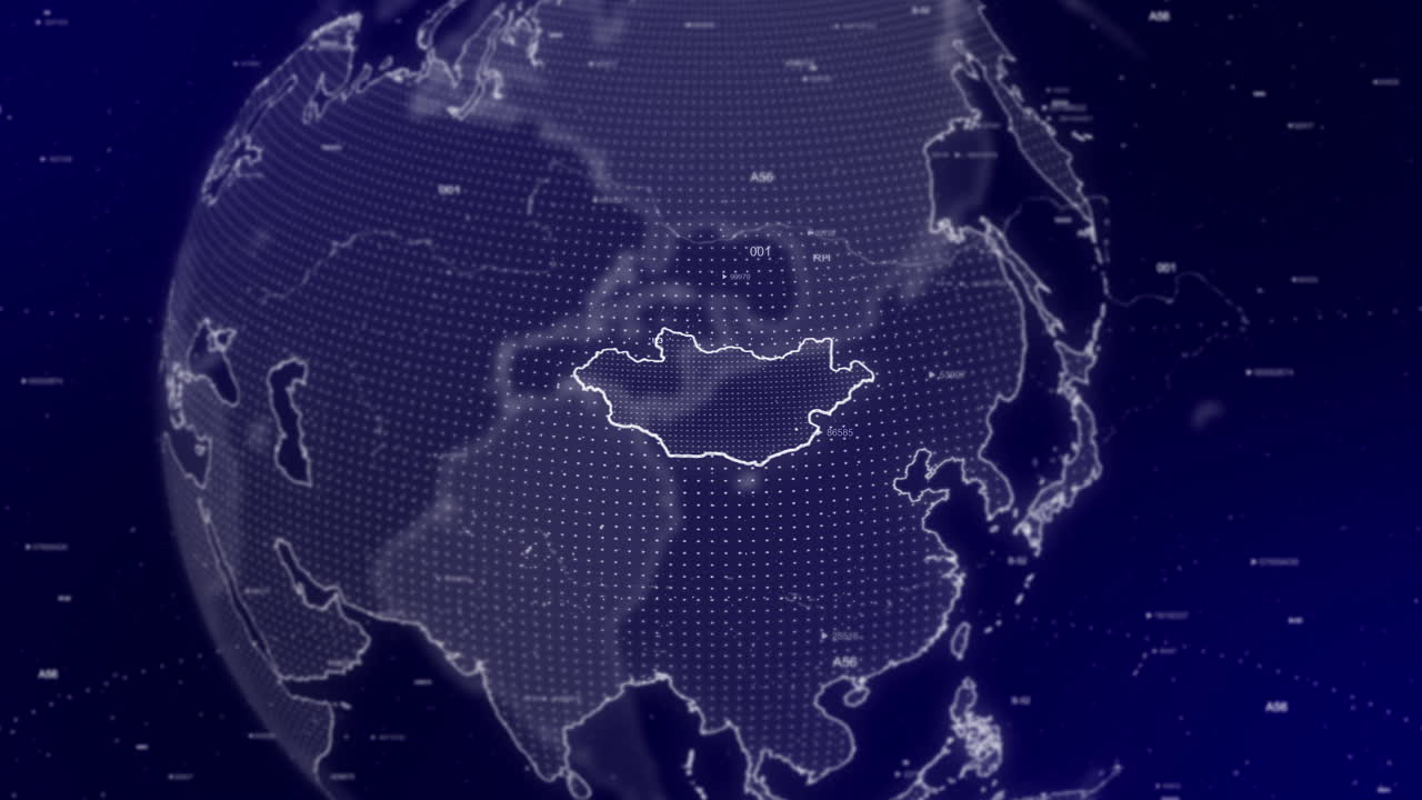 un fondo de video cinematográfico muestra un globo digital girando, haciendo zoom en el país de mongolia