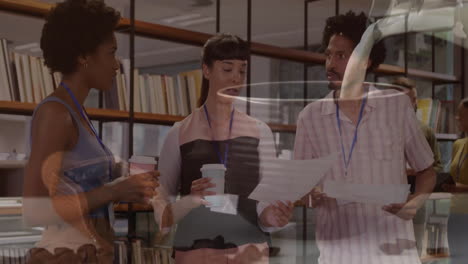 colleagues reviewing printed sheets in business library, with animated charts and icons floating