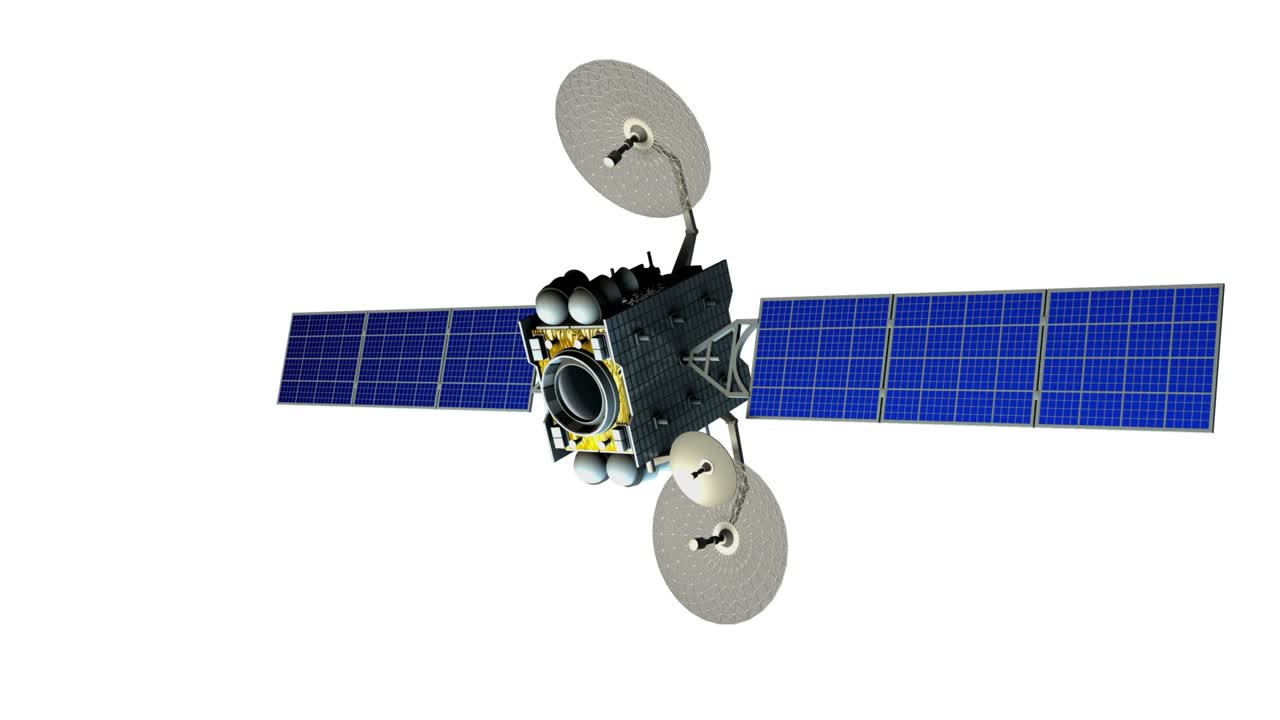 Fiktiv kunstig satellit roterer på hvid baggrund, sømløst loop, alpha-maske inkluderet, 3D-animation
