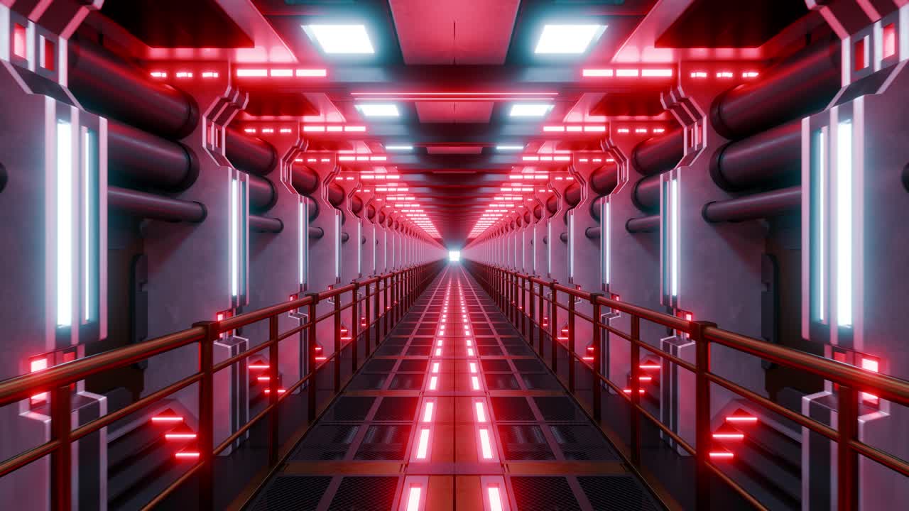3D loop of futuristic illuminated elevated walkway and pipes in factory