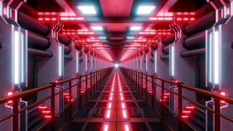3d loop of futuristic illuminated elevated walkway and pipes in factory
