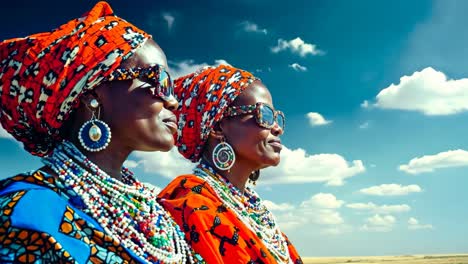 two women wearing colorful headscarves and sunglasses in a field