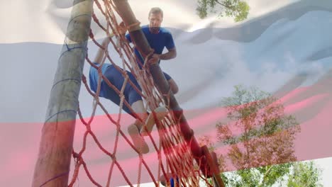 animación de la bandera de rusia sobre mujeres y hombres diversos durante el entrenamiento de la carrera de obstáculos