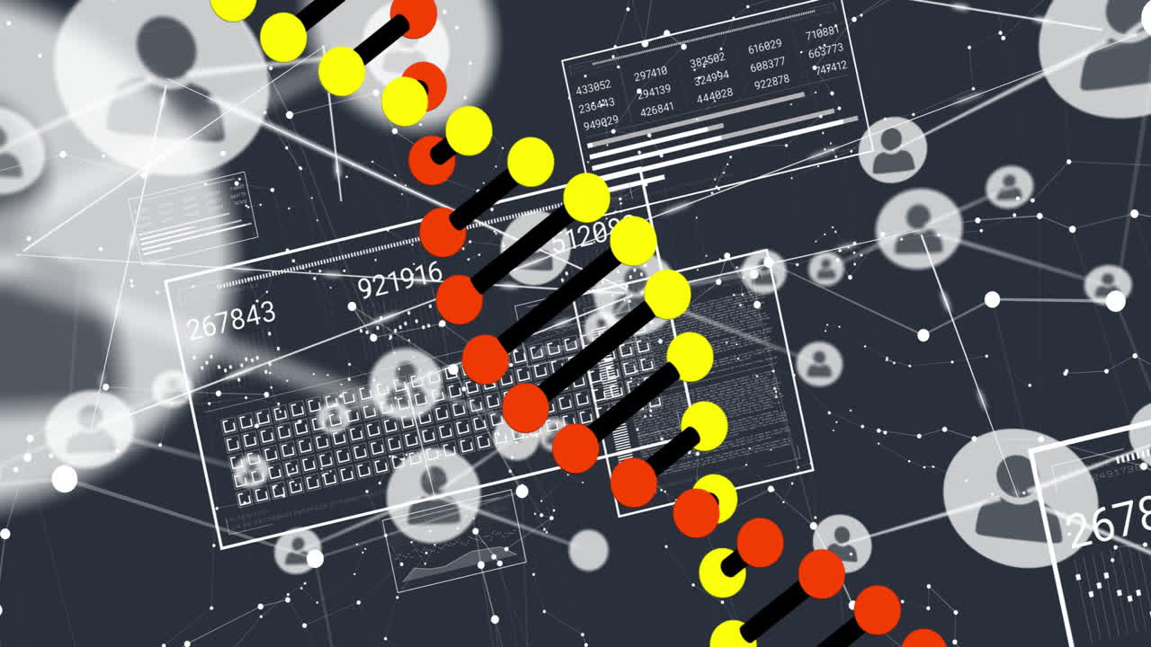 Scientific data processing animation with DNA strand and binary coding in laboratory