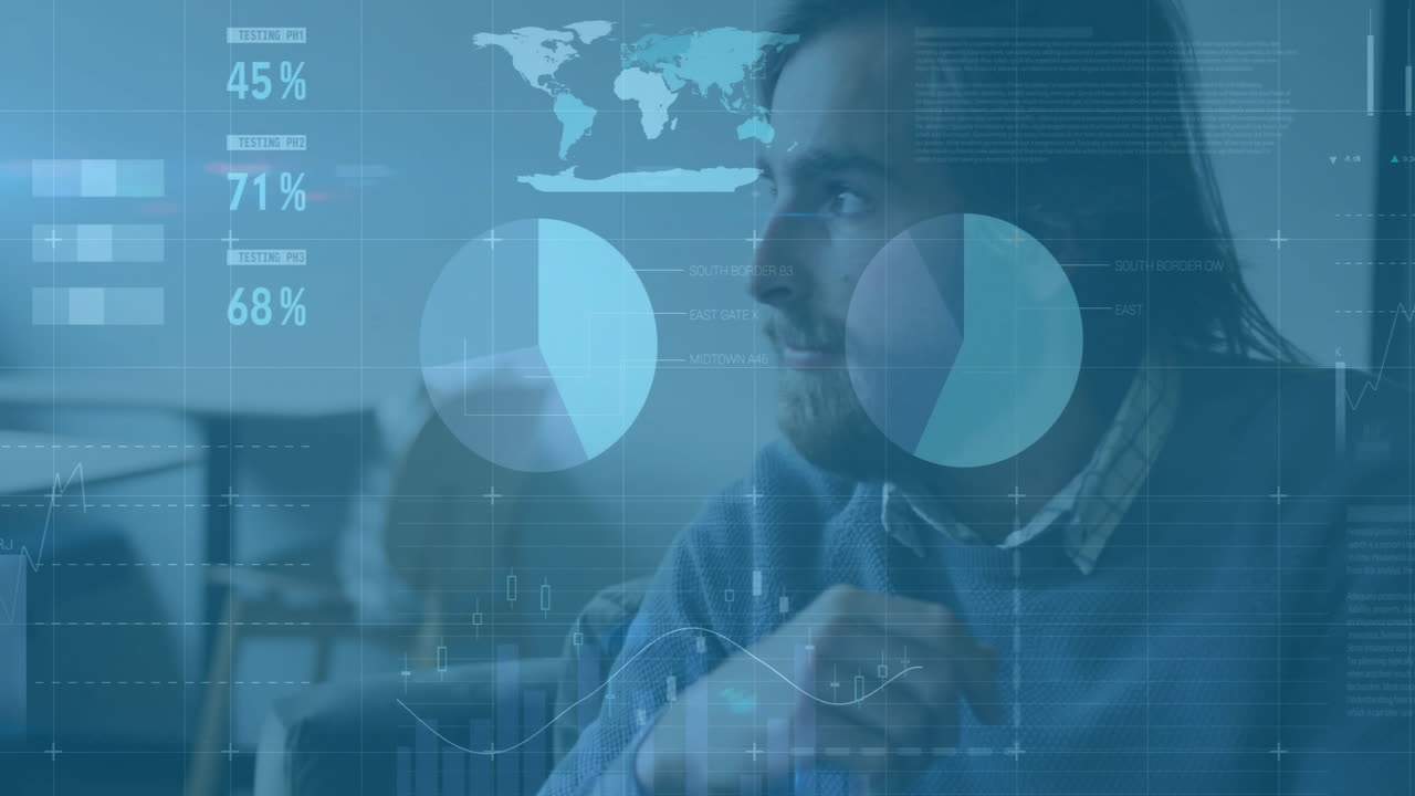 Animation of data processing and diagrams over caucasian man thinking