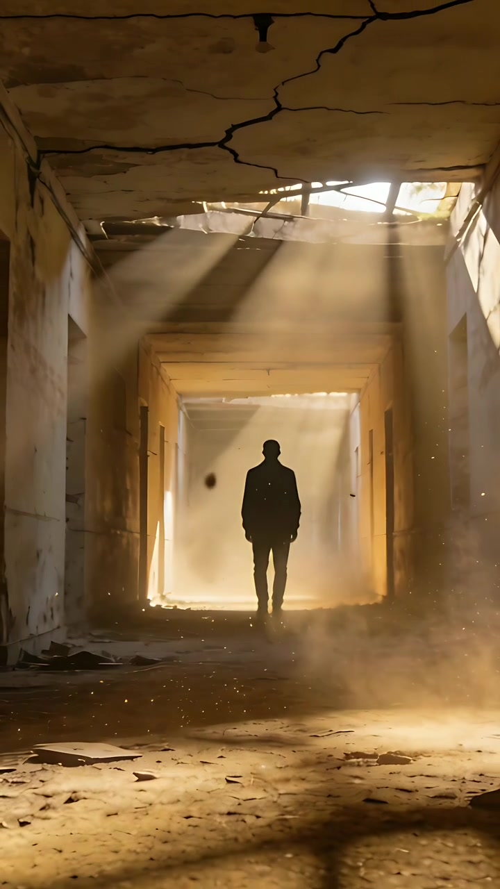 Vertical video: Moving man in dark coat, pants through ruined hall, following sunbeams from roof
