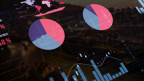 Animation-of-data-processing-and-diagrams-over-cityscape