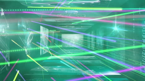colorful laser beams and digital interface elements in futuristic corridor animation