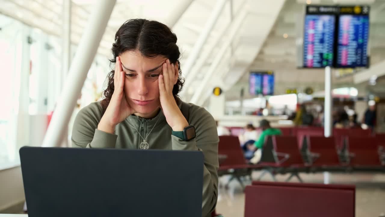 Gestresste Frau arbeitet am Laptop im Flughafenterminal.