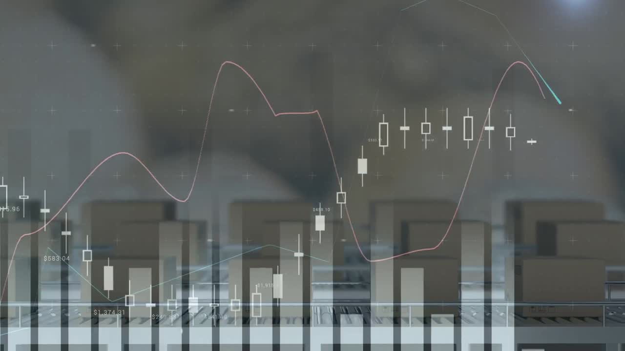 animación de gráficos en interfaz digital, cajas de cartón que se mueven en cinta transportadora en la fábrica