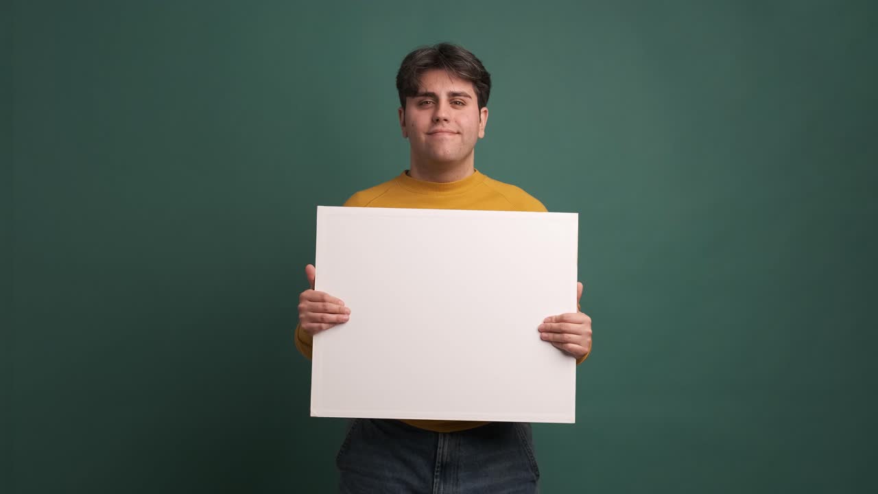 Cheerful man showing blank banner in green studio