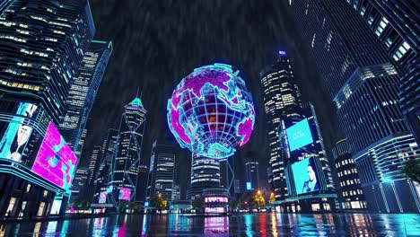 futuristic city at night with global map projection