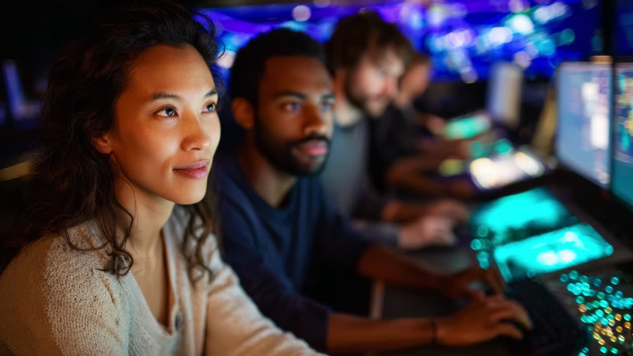 Un gruppo di persone concentrate collabora in un ambiente high-tech, interagendo con tecnologie informatiche avanzate durante la creazione e la manipolazione di contenuti digitali, incarnando il lavoro di squadra e l'innovazione