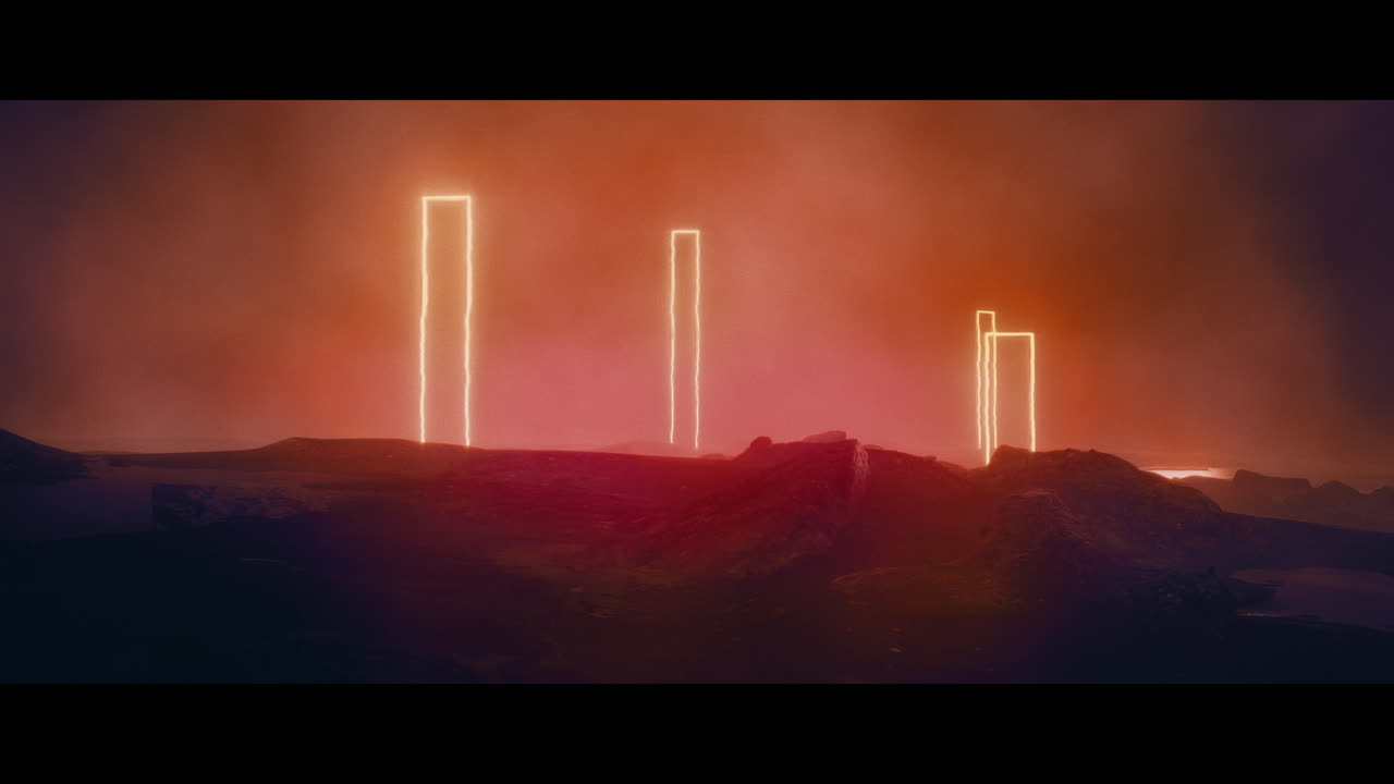 Rocky landscape with huge red light portal structures