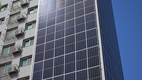 High-rise-Apartment-Facade-Covered-By-Solar-Panels-In-Seoul,-South-Korea
