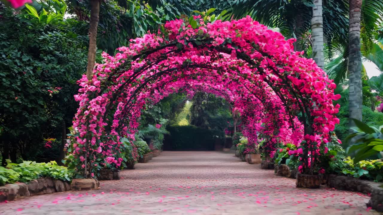 un paseo cubierto de flores rosadas en el medio de un jardín