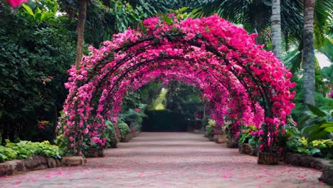 a walkway covered in pink flowers in the middle of a garden