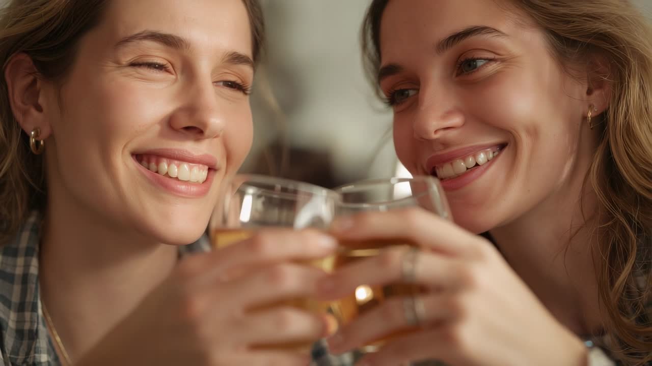 Toasting friendship, two women clinking stemless glasses of amber wine and leaning at home in plaid