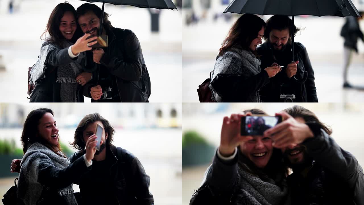 Collage of happy young couple taking selfie with smartphone.