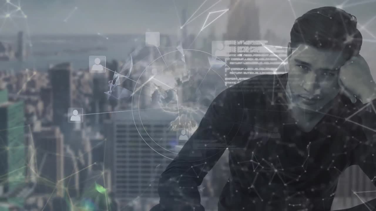 지구가 회전하고, 연결망과 데이터 처리망이 있는 걱정스러운 남자의 초상화