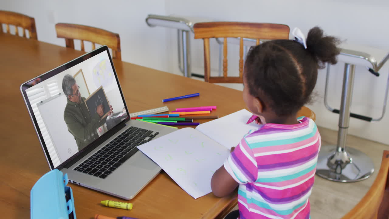 Niña afroamericana sentada en su escritorio usando un portátil para su clase en línea.