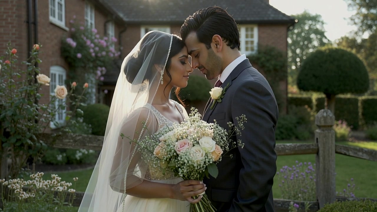After cue bride and groom leaning touching foreheads in garden in wedding attire holding bouquet