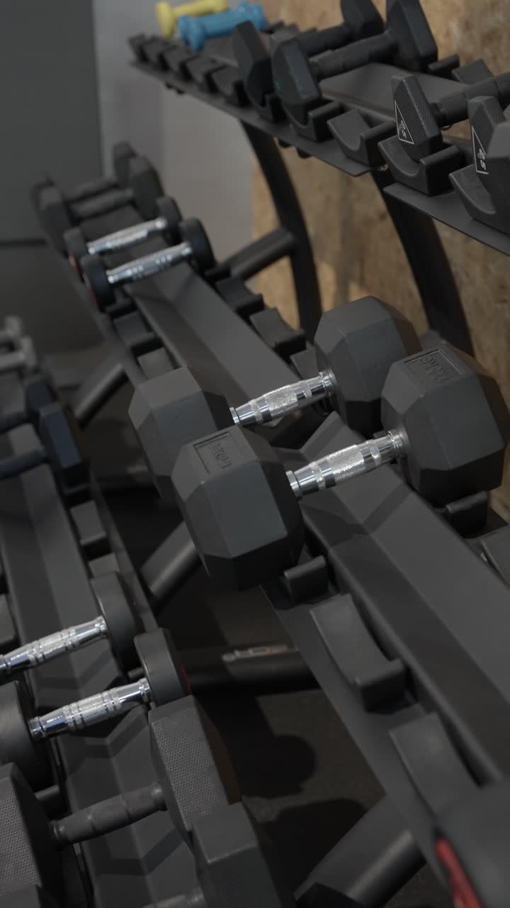 vertical - Close up of hex dumbbells organized on metal rack inside indoor fitness center