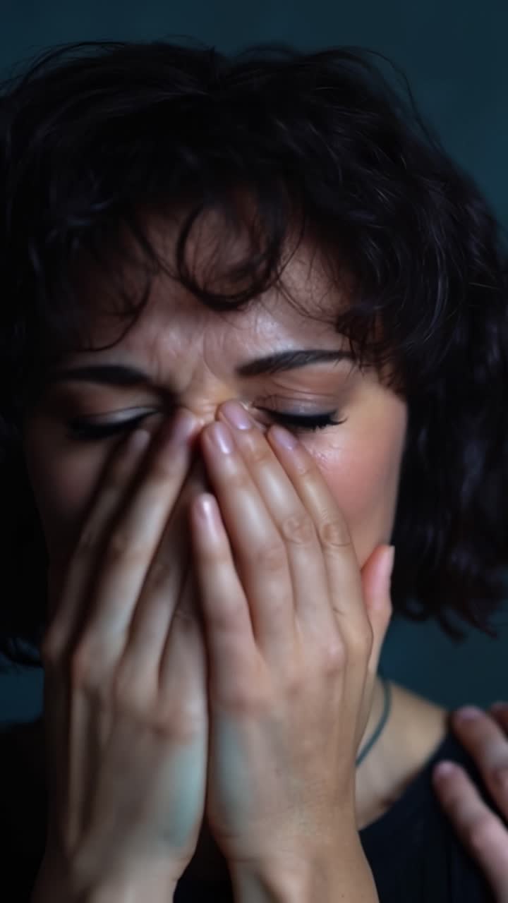 Donna si copre il viso, occhi spalancati, espressione di angoscia. Le mani premono sulle guance, trasmettendo un'emozione travolgente. Lo sfondo scuro enfatizza una reazione cruda e vulnerabile. Adatto per scene di stress.