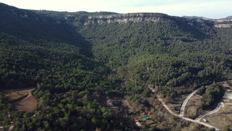 Aerial View of a Mountain Valley with Forest and Roads