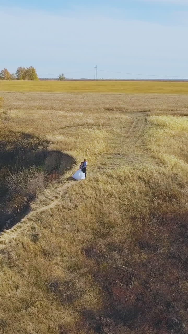 distant newly wedded couple stands on steep hill crest path with yellow grass against endless field under blue sky aerial