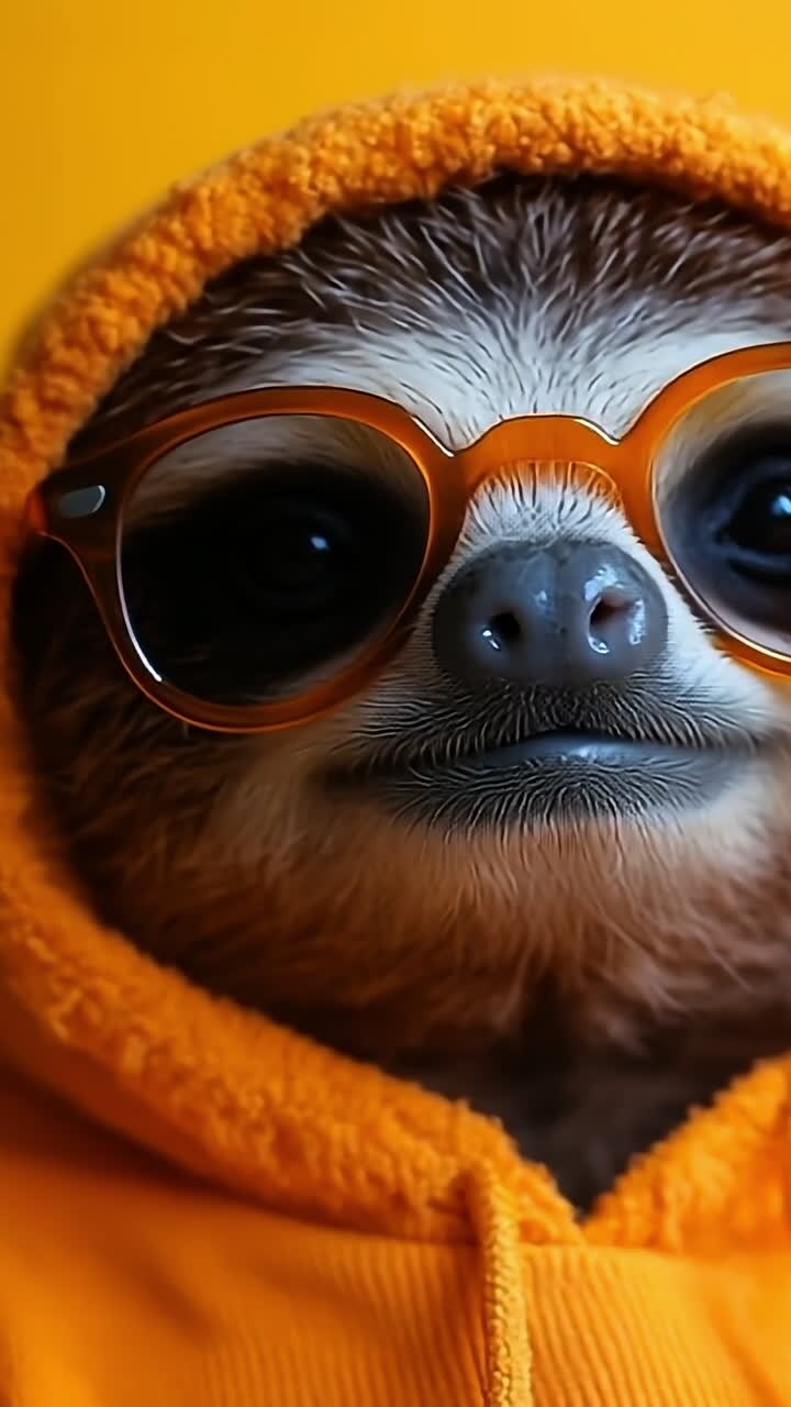 Perezoso con gafas de sol sonríe. Un perezoso vestido con una sudadera con capucha naranja y gafas de sol posa sobre un fondo amarillo brillante