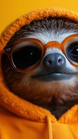 sunglass-wearing sloth smiles. a sloth dressed in an orange hoodie and sunglasses poses against a bright yellow background.