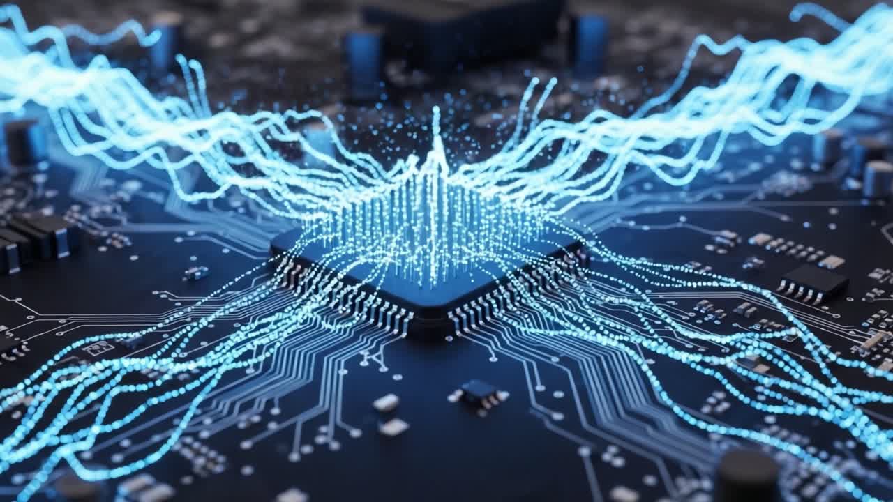 Dynamic Visual Representation of Electronic Circuitry with Vibrant Electric Currents Radiating from a Central Microprocessor Chip on a Circuit Board