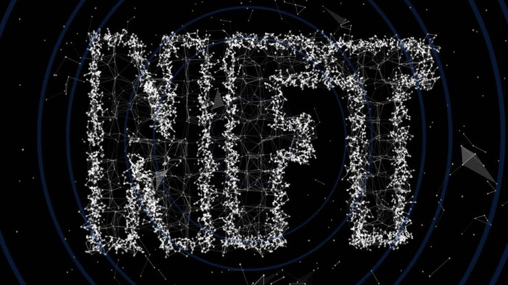 Animation of nft text banner over blue concentric circles against black background