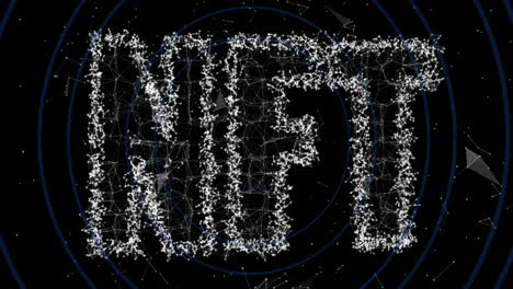 animación del banner de texto de nft sobre círculos concéntricos azules contra un fondo negro.