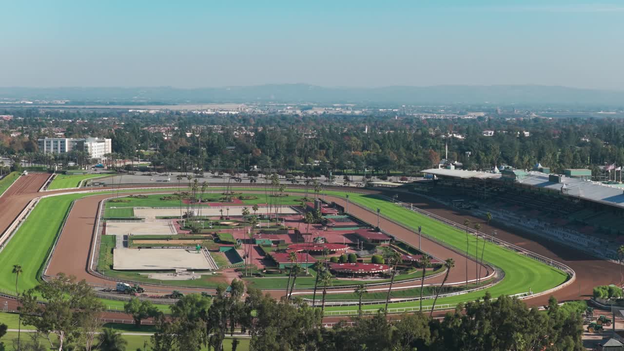 Aerial telephoto panning shot of the Santa Anita Park horse racing track in Arcadia, California. 4K