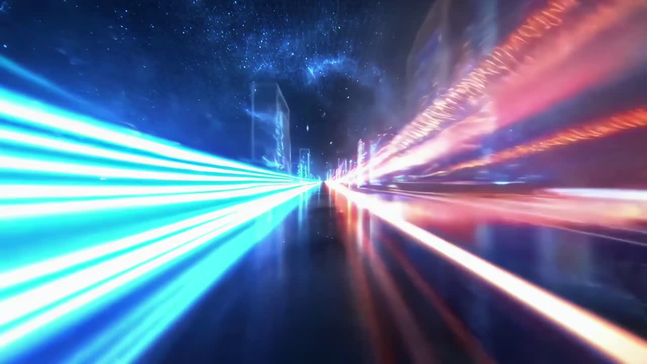 Concetto video dinamico in stile futuristico, con una ripresa dal basso di scie luminose.