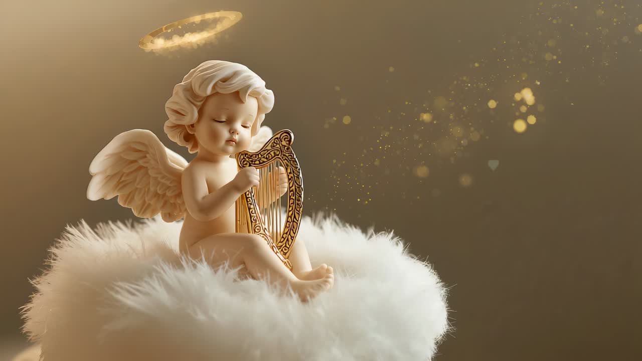 Starting cherub gently plucking gold harp on cushion, halo rotating, particles drifting, calming