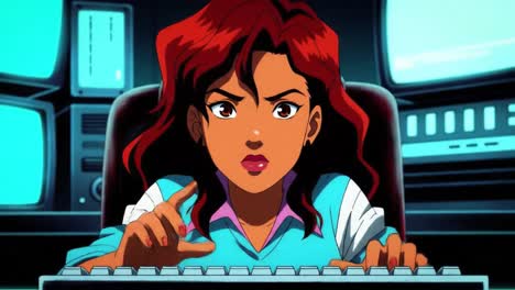 determined female character engaged in computer work, focused on task completion, surrounded by monitors and technology in a dynamic animated scene