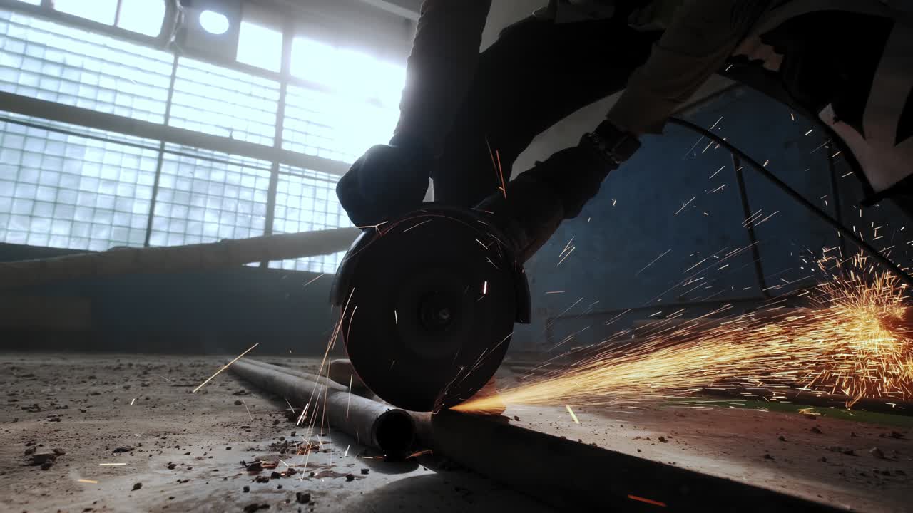 imágenes de cerca. trabajador de la construcción corta el acero con una sierra circular, los pies del trabajado de la construcción, chispas voladoras de una sierra central. cámara lenta