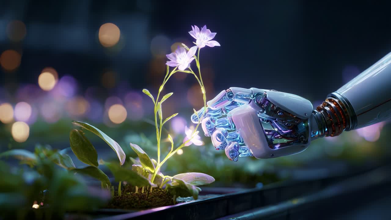 A futuristic robotic hand delicately nurtures a glowing flower in a vibrant digital garden, showcasing the harmony between technology and nature in a visually stunning manner