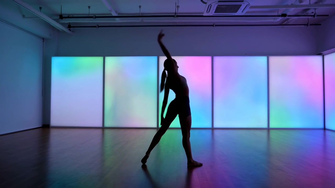 Full body silhouette of female dancer in modern studio, holding expressive poses with extended leg balance, upright stretch, arched reach, and low lunge beside glowing pastel panels and soft
