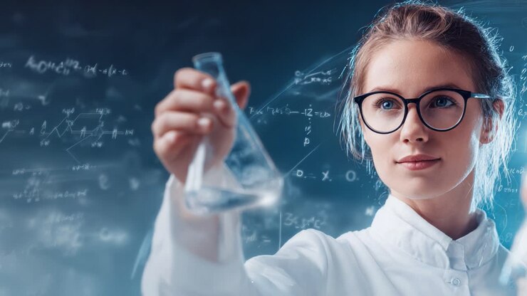 Um cientista focado em um laboratório apresentando um líquido transparente em um béquer, iluminado contra um plano de fundo de fórmulas e equações científicas, mostrando a paixão por pesquisa e descoberta