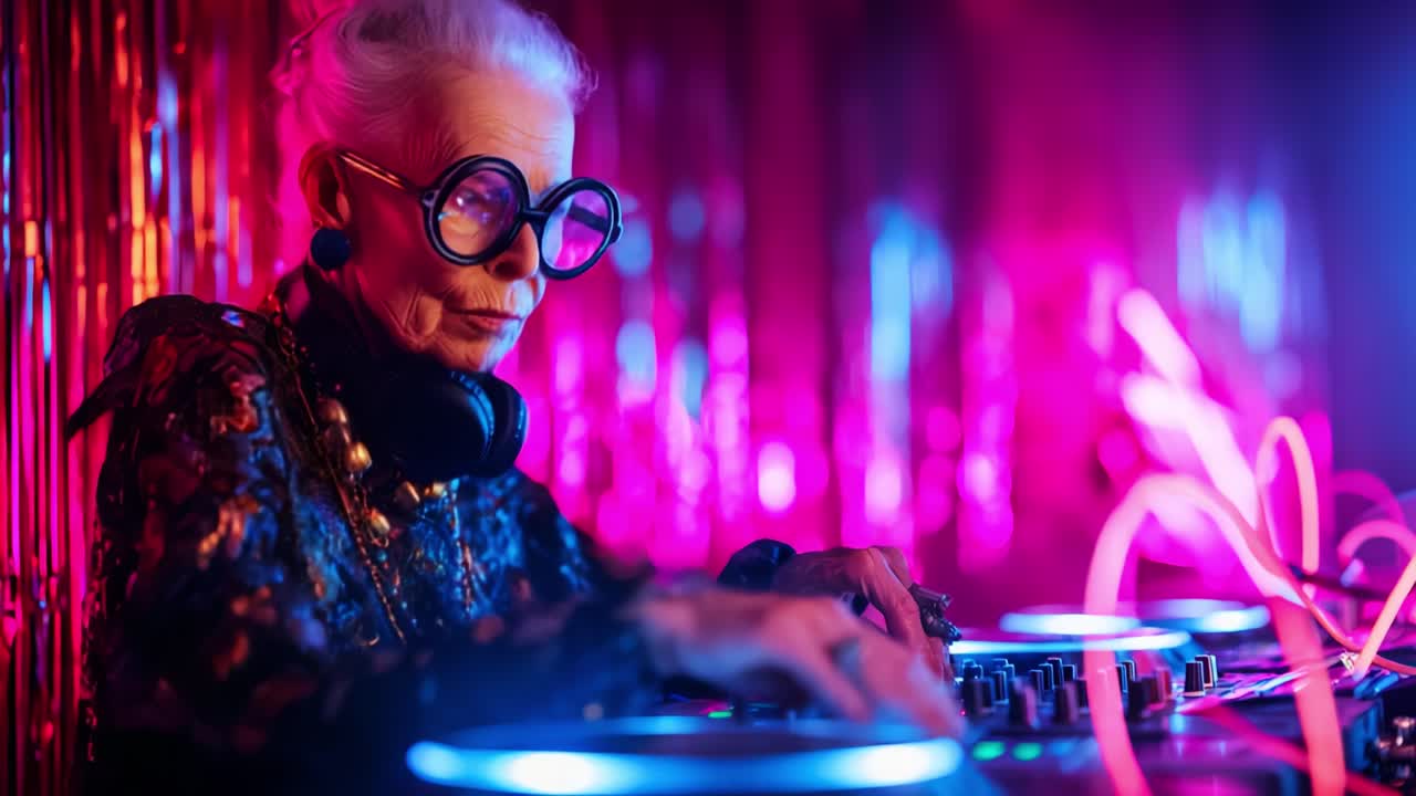 A vibrant and stylish elderly woman with glasses skillfully mixes tracks at a lively DJ booth, showcasing her talent and passion for music in a colorful and dynamic setting