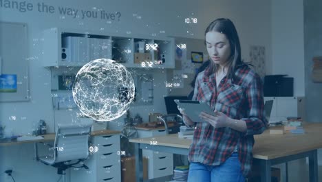 animation of illuminated numbers and globe over caucasian woman using digital tablet in office