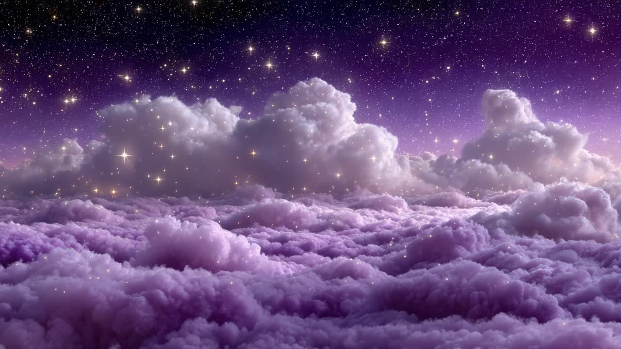 Mesmerizing Celestial Sky: A Stunning View of Purple Clouds and Twinkling Stars Creating an Ethereal Atmosphere Above a Dreamlike Horizon
